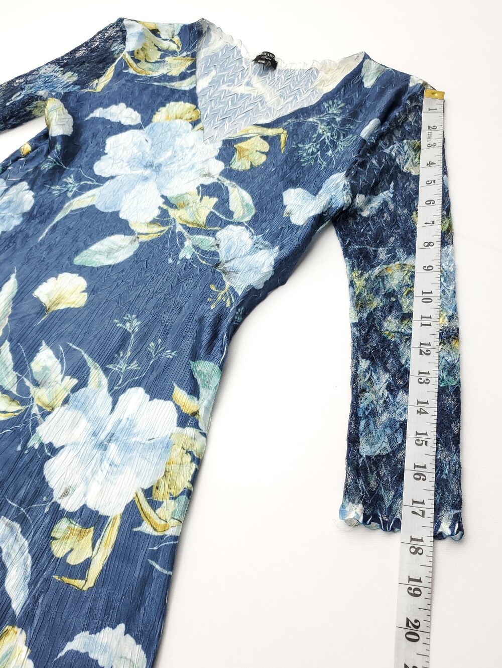 Komarov Lace Sleeve Charmeuse & Chiffon Blue Floral Evening Cocktail Dress PXL - Picture 5 of 14